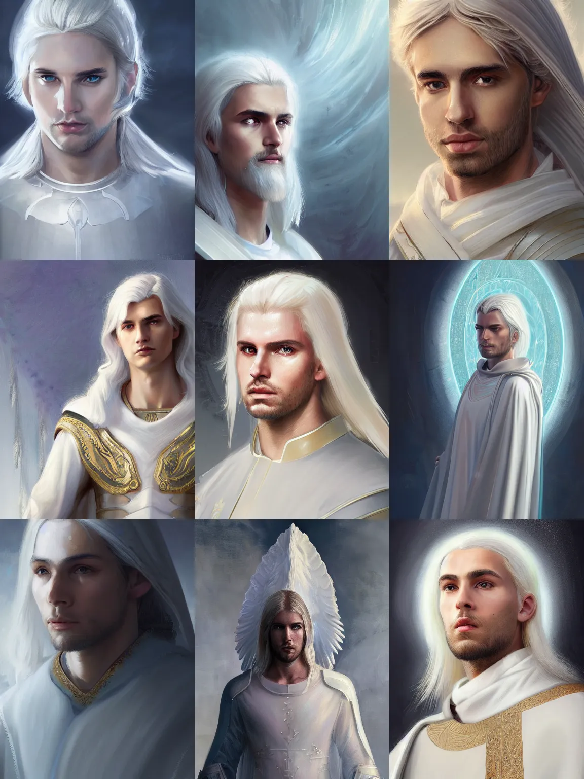 Prompt: closeup portrait of a young beautiful calm and pious male aasimar paladin with medium length white hair wearing white vestments under armor, pensive and hopeful expression, illustration, painterly, WLOP, Greg Rutkowski, intricate, masterpiece, angelic sharp, digital art, halo halo halo halo 8k