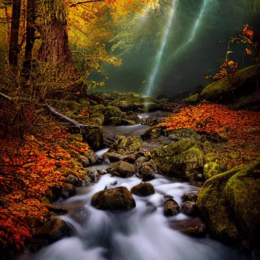 Image similar to beautiful mountain view next to a stream flowing, beautiful autumn morning, sunshine rays coming through the misty forest, ominous evil necromancer floating above the river staring at you. Magic realism hyperrealism photo-realistic lifelike maximalist psychedelic photography by Greg Rutowski and Keith Thompson 8k