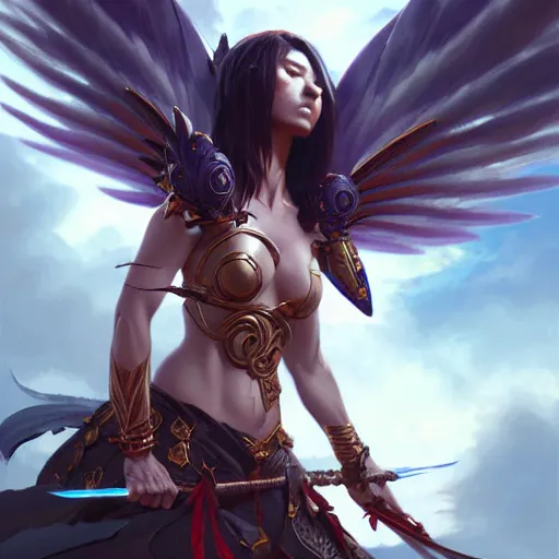 Image similar to 3 / 4 view of a warrior woman with wings, pixie character, video game genshin impact,, intricate, elegant, sharp focus, illustration, highly detailed, concept art, matte, art by wlop and artgerm and greg rutkowski, anime, h 6 4 0