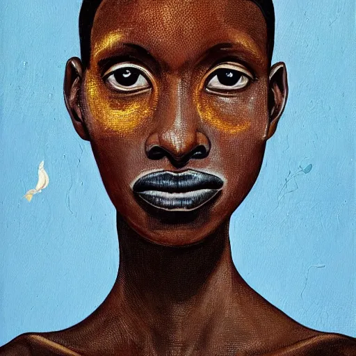 Image similar to a painting of a elegant, well fed, smooth-chinned, long nose, African, elder with few eyebrows by Wangechi Mutu . thinker without facial hair, thoughtful, focused, visionary, calm, jovial, loving, fatherly, generous, . dramatic angle, ethereal lights, details, smooth, sharp focus, illustration, realistic, cinematic, artstation, award winning, rgb , unreal engine, octane render, cinematic light, macro, depth of field, blur, red light and clouds from the back, highly detailed epic cinematic concept art CG render made in Maya, Blender and Photoshop, octane render, excellent composition, dynamic dramatic cinematic lighting, aesthetic, very inspirational, arthouse.