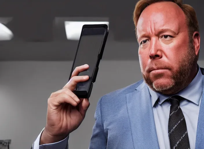 Image similar to dslr photo still of infowars host alex jones in a blue suit fat beard and mustache sitting depressed in a room filled to the ceiling with cell phones, 5 2 mm f 5. 6