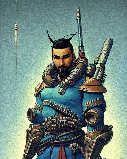 Image similar to hanzo from overwatch, character portrait, portrait, close up, concept art, intricate details, highly detailed, vintage sci - fi poster, retro future, vintage sci - fi art, in the style of chris foss, rodger dean, moebius, michael whelan, and gustave dore