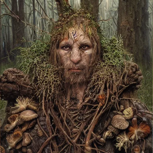 Image similar to detailed realistic body portrait of a ratfolk druid in wooden armor, covered in fungus and mushrooms, decayed plant matter, leaves, by Gerald Brom and Alan Lee, ArtStation