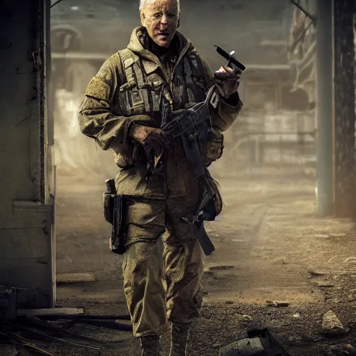 Prompt: Joe Biden dressed as a soldier from Escape From Tarkov, post apocalyptic city, award winning landscape photograph