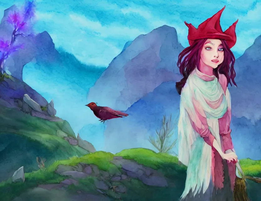 Prompt: bird witch girl in the flowering snowy mountains. complementary colors, watercolor, indie concept art, luminescent, bloom, 4 k, chiaroscuro, backlighting.