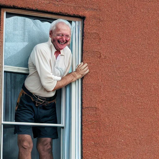 Image similar to a smiling old man climbing through a window