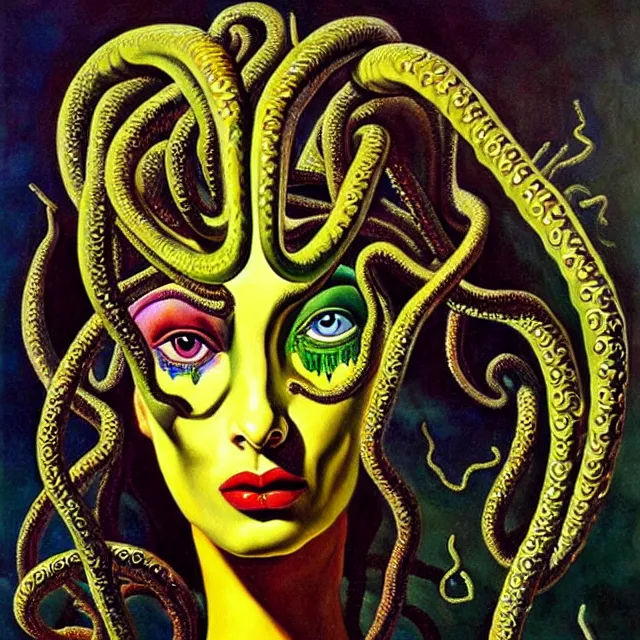 Image similar to a beautiful painting cthulhu mythos robot queen of egypt medusa face, by salvador dali realistic oil painting