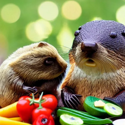 Image similar to real beaver and real duck sitting on vegetables