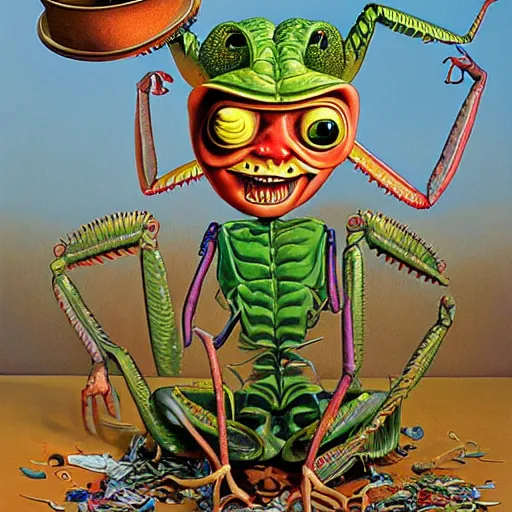 Image similar to beautiful lifelike painting of praying mantis garbage pail kid, hyperreal detailed facial features and uv lighting, art by ed roth and basil wolverton