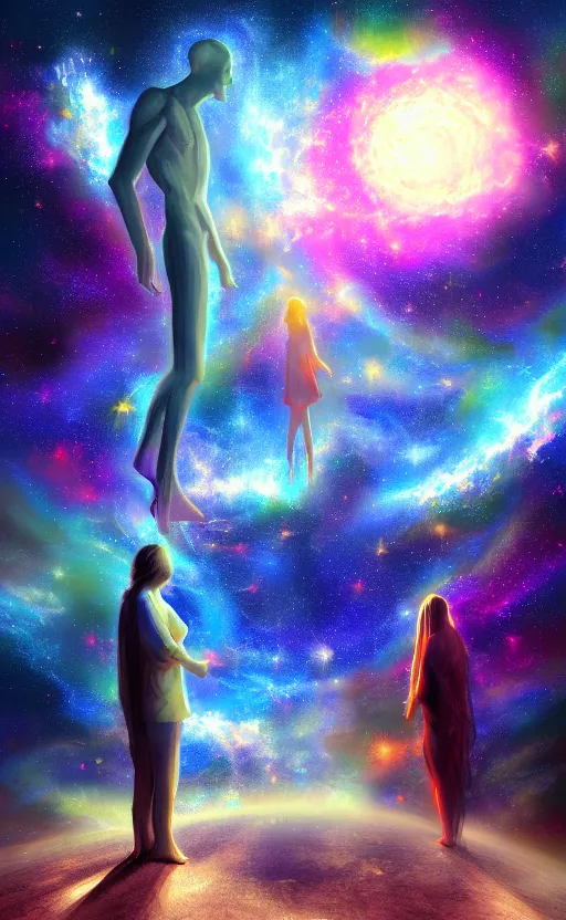 Image similar to Meeting God in the universe, digital art, trending on art station