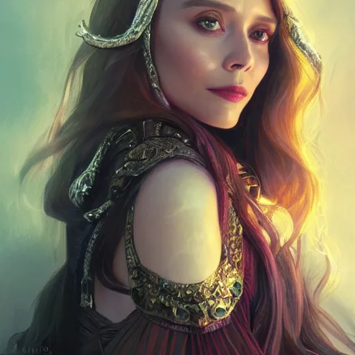 Prompt: portrait of Elizabeth Olsen as a sorceress, looking at camera, D&D, intricate, elegant, stylish, cute smile, mouth slightly open, fantasy, extremely detailed, digital painting, artstation, concept art, smooth, sharp focus, illustration, stunning lighting, art by artgerm and greg rutkowski and alphonse mucha and simon stalenhag.