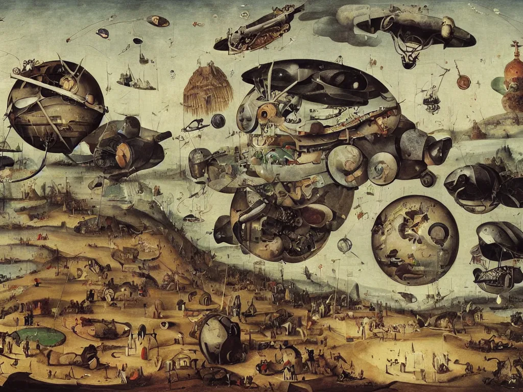 Image similar to dream bot mothership above a giant forehead. painting by bosch, walton ford