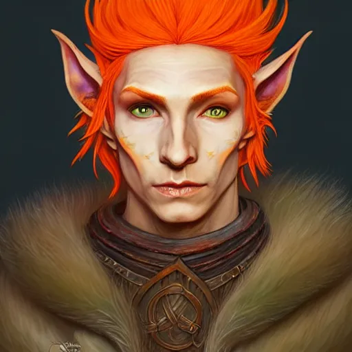 Image similar to portrait painting of an elven eladrin young man with light orange hair and tribal tattoos in his cheekbones wearing fur armor, d & d, rpg, sharp focus, award - winning, trending on artstation, masterpiece, highly detailed, intricate. art by josan gonzales and moebius and deathburger