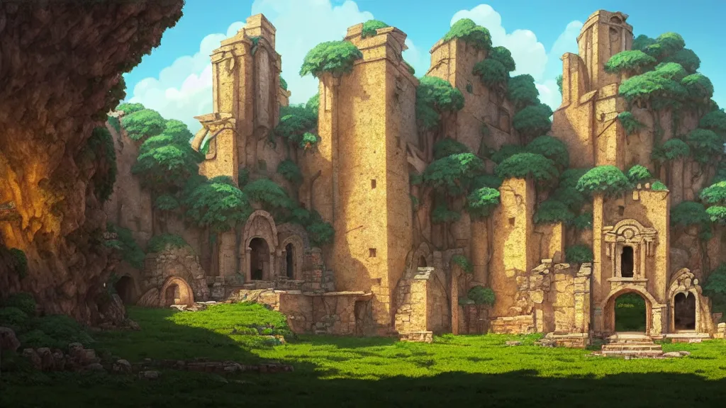 Image similar to ancient monastery ruins, studio ghibli, pixar and disney animation, sharp, rendered in unreal engine 5, highly detailed, digital painting, artstation, concept art, smooth, sharp focus, illustration, wide angle, artbook, wallpaper, splash art, promo art, dramatic lighting, art by artgerm and greg rutkowski and bo chen and jin xiaodi