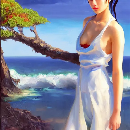 Image similar to oil painting by ilya kuvshinov,, baugh casey, artgerm craig mullins, coby whitmore, of a youthful japanese girl, long hair, wet sundress walking along the coast, highly detailed, breathtaking face, studio photography, noon, intense bounced light, water reflection, large tree casting shadow, serine intense sunlight in the style of zack snyder