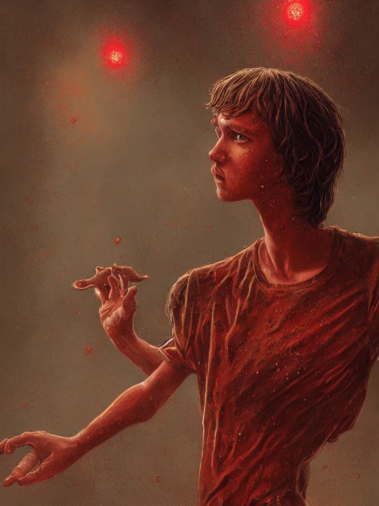 Image similar to a detailed painting with Mike Wheeler of Stranger Things being held by the red dust, rain, fear, traces by Andrew Ferez, cg society, fantasy art, biomorphic, mystical, whimsical