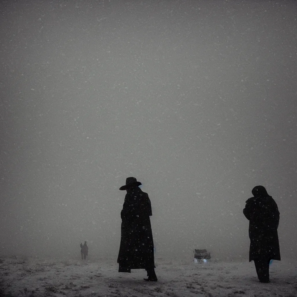 Image similar to photo of shiprock, new mexico during a snowstorm. a old man in a trench coat and a cane appears as a hazy silhouette in the distance, looking back over his shoulder. cold color temperature. blue hour morning light, snow storm. hazy atmosphere. humidity haze. kodak ektachrome, greenish expired film, award winning, low contrast,