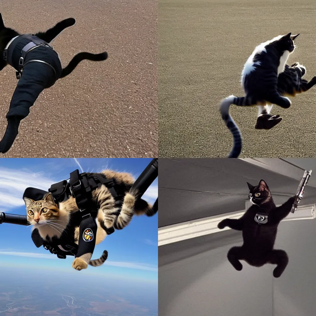 Prompt: a cat skydiving like a commando while holding a shotgun in one paw with full black suit