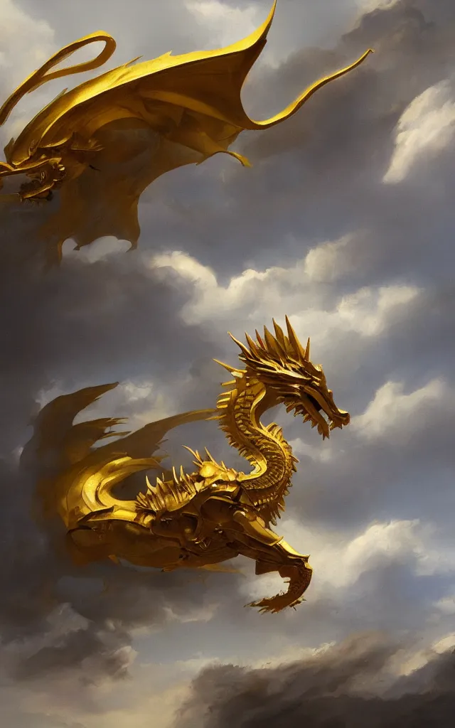 Image similar to pablo carpio's painting of a golden dragon in clouds, coloured