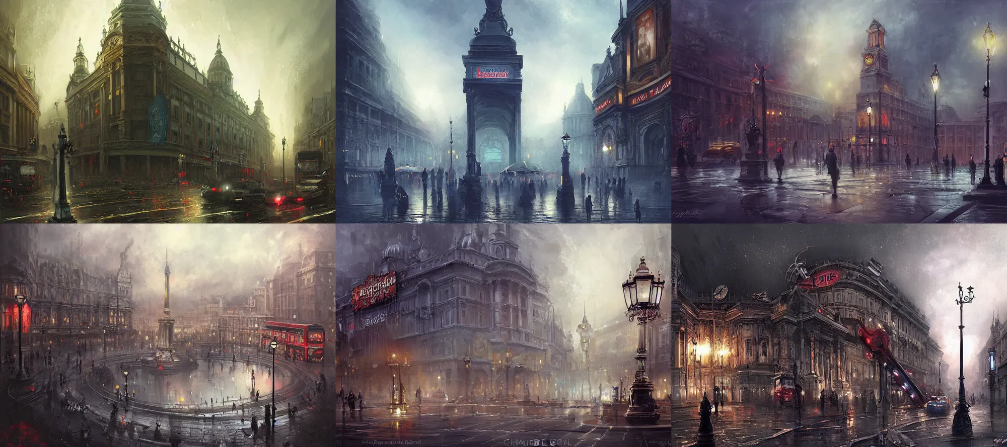 Prompt: landscape digital painting of modern apocalyptic london piccadilly circus intricate highly detailed dark fantasy art by charlie bowater tyler edlin