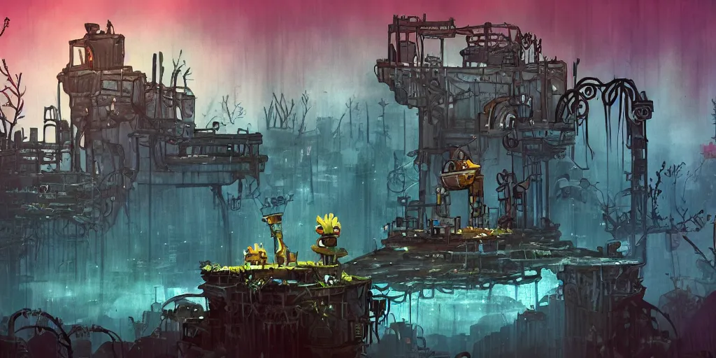 Prompt: rusty abandoned factory in the style of ori and the blind forest