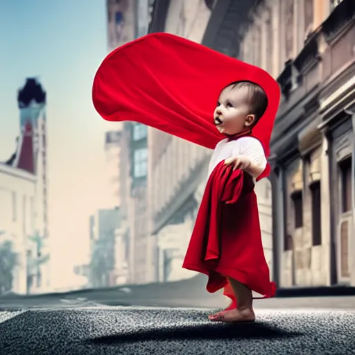 Image similar to baby with cape flying above the street, photorealistic