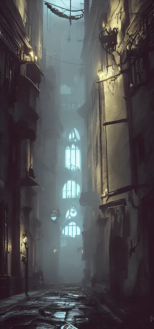 Prompt: dishonored dunwall, dishonored aesthetic, cinematic lighting, rainy weather, melancholy atmosphere, artstation, dunwall city, gothic architecture, volumetric light, octane render, dishonored game, dishonored 1, atmosphere or depression and despair