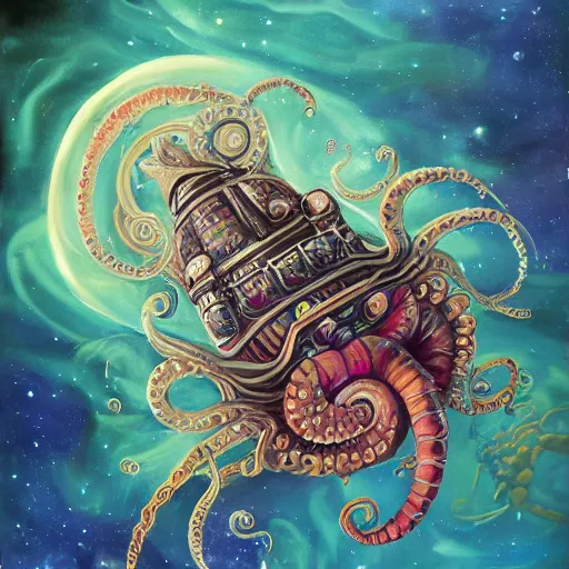 Image similar to painting of ornate space ship, nebulae background, nautilus, shell, tentacle, 4 0 k warhammer, shrimp, prawn
