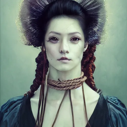 Image similar to portrait of a Shibari rope wrapped face and neck, headshot, insanely nice professional hair style, dramatic hair color, digital painting, of a old 18th century, Royal Emperor, amber jewels, baroque, ornate clothing, scifi, realistic, hyperdetailed, chiaroscuro, concept art, art by Franz Hals and Jon Foster and Ayami Kojima and Amano and Karol Bak,