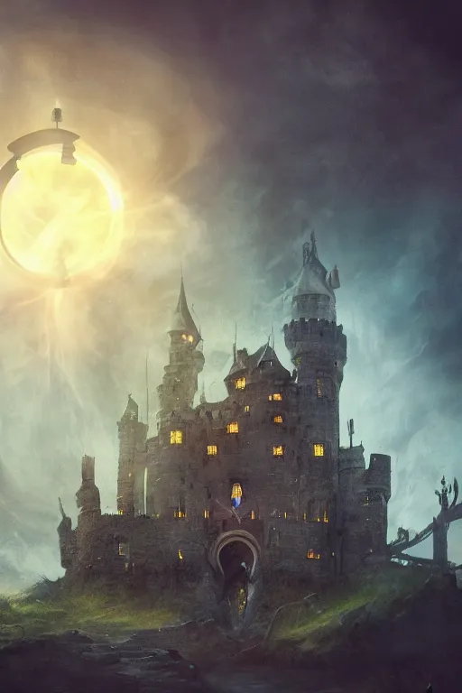 Image similar to Blackhole in a Claw-shaped Cage above the Castle, atmospheric, digital art, fantasy, magic, arcane, volumetric lighting, illustration, realistic