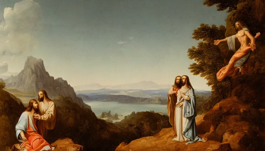 Prompt: a unique analog photo of jesus and mary magdalene standing on a cliff looking over a beautiful landscape, arcadia