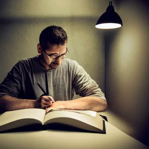 Prompt: a photograph of a man writing the novel of his life story, award - winning photograph, studio lighting, dramatic colors, striking lighting, perfect composition