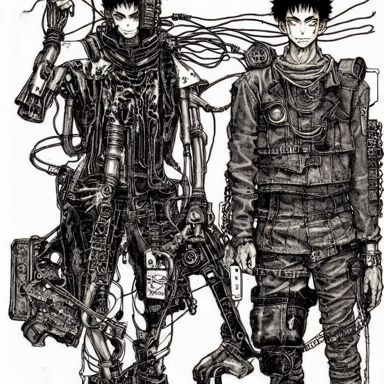 Prompt: cursed illustration of cyberpunk wired hunter, manga style of kentaro miura, by norman rockwell, weirdcore, concept art