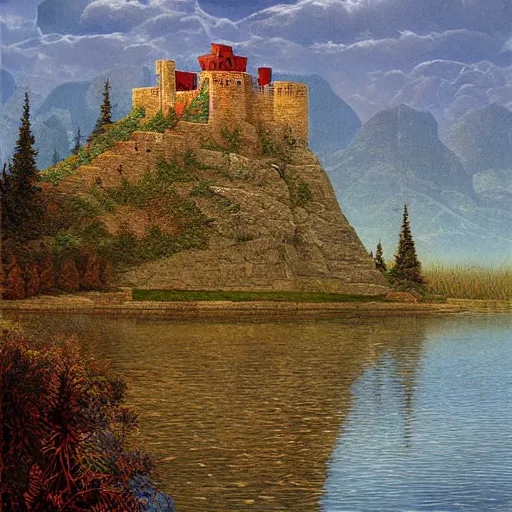 Prompt: fortress in the back country beside a lake, Darrell k sweet, digital art