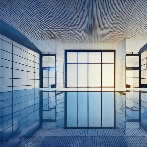 Prompt: liminal space of a huge indoor complicated infinite pool, ambient lighting, 3 d render, highly detailed, tiles, clean, 8 k, cinematic, backrooms, photorealistic