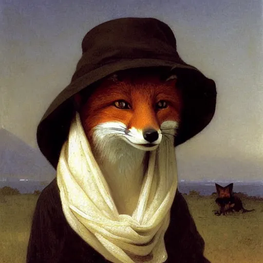 Image similar to A portrait of a fox wearing a scarf and a boater hat by Robert Cleminson and William-Adolph Bouguereau