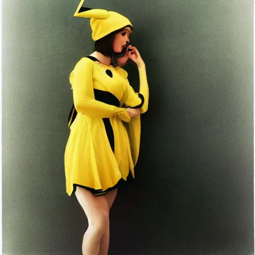 Image similar to elegant woman in a cosplay costume of pikachu, art photo by Annie Liebovitz and David Hamilton and Alphonse Mucha