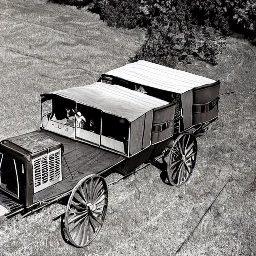 Image similar to a birds - eye view sepia photograph of a delorean made into a covered wagon, traveling in a line with covered wagons and cattle