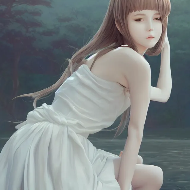 Image similar to infinitely detailed full - body portrait pale female peaceful dream angel wearing elegant clothes. beautiful! scenery art! by wlop & murata range, by ilya kuvshinov. artstation!! / pixiv!!