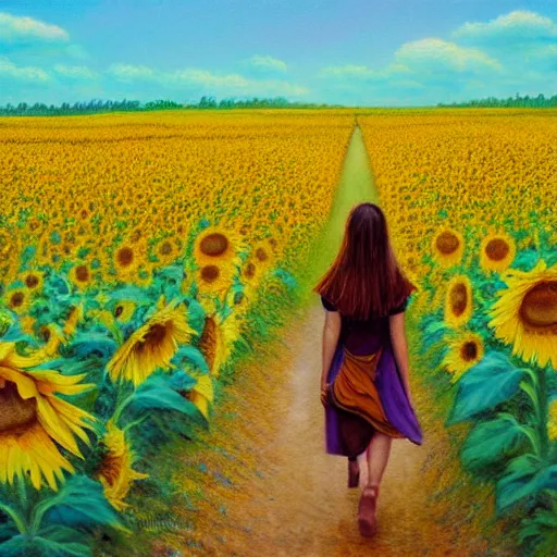 Image similar to a girl slowly walking through amazing tall sunflower field, her hair flowing down, subtle, intricate details, real masterpiece, oil on canvas, by somsak anong