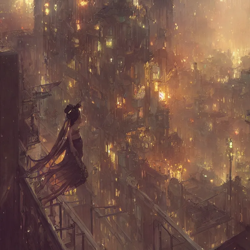 Image similar to firework festival on a balcony at night, greg rutkowski, krenzcushart, nier automata enviroment concept art, makoto shinkai, alphonse mucha