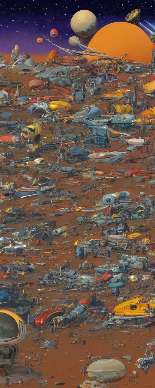 Prompt: panoramic widescreen view, illustration of a cosmic junkyard with old colorful rockets and broken spaceships, detailed digital painting, masterpiece, rendered in Octane, by Moebius, Jeof Darrow and Ralph McQuarrie.