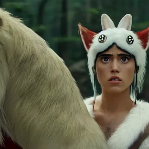 Image similar to katie perry as live action princess mononoke, still frame, sharp focus, cinematic, filmic