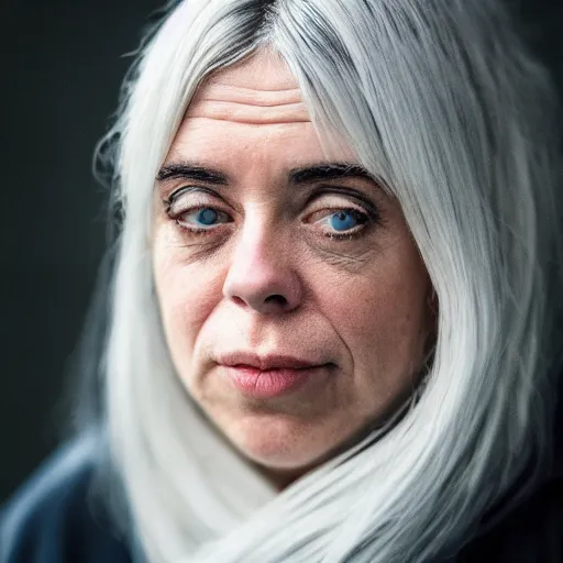 Prompt: dslr photo portrait still of 5 0 year old age 5 0 billie eilish at age 5 0!!!, 8 5 mm f 1. 8