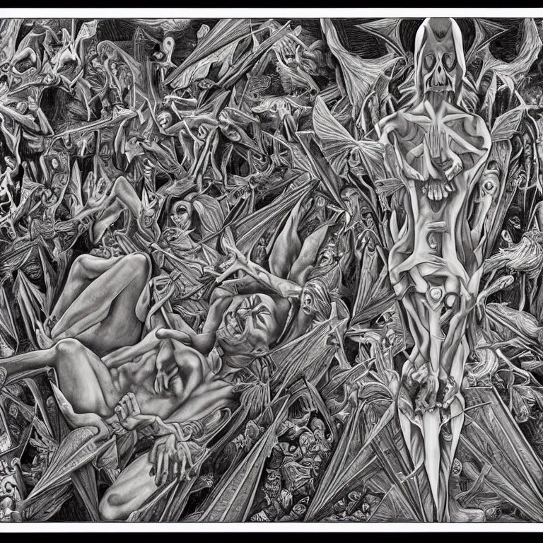 Image similar to transformation through death by Alex Grey and M. C. Escher collaboration