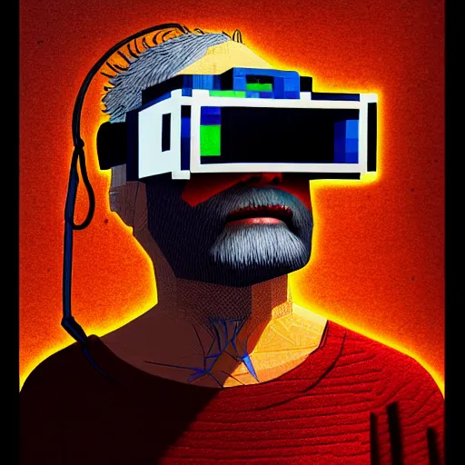 Image similar to Colour Minecraft style Photography of 1000 years old man with highly detailed 1000 years old face wearing higly detailed cyberpunk VR Headset designed by Josan Gonzalez Many details. . In style of Josan Gonzalez and Mike Winkelmann andgreg rutkowski and alphonse muchaand Caspar David Friedrich and Stephen Hickman and James Gurney and Hiromasa Ogura. Rendered in Blender