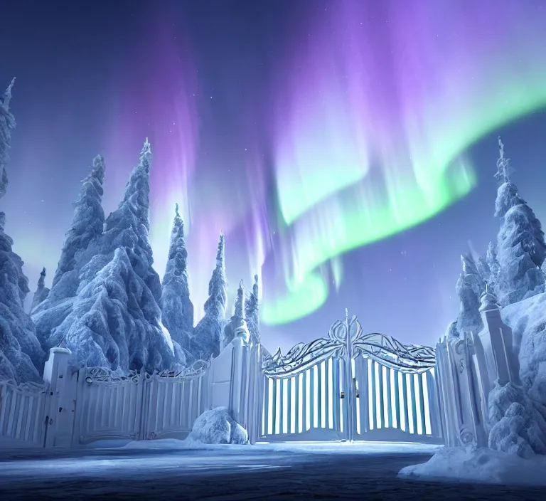 Prompt: a very detailed concept art of intricate and modern white gates to aurora borealis infused with magic, dynamic lighting trending on artstation, symmetry, digital art, 4 k, hyper realistic, octane render, sharp focus