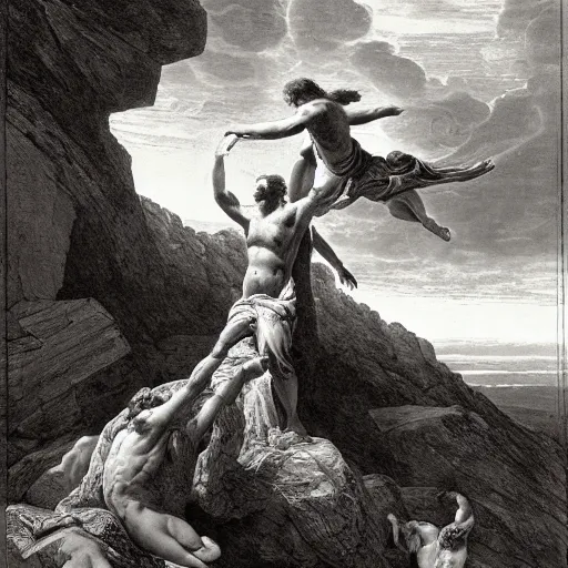 Prompt: A biblical painting of Jacob suplexing an angel at the top of a mountain by Gustave Doré, black and white palette, Scenic, Dramatic, beautiful shore in background, detailed, suplex, wrestling
