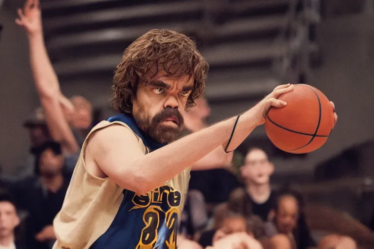 Image similar to peter dinklage playing basketball movie still, from the new slam dunk ernest movie, 8 k, realistic