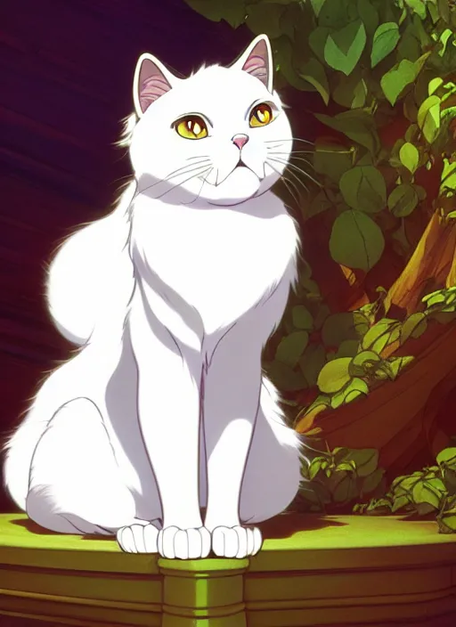 Image similar to fluffy white cat, natural lighting, path traced, highly detailed, high quality, cartoon, digital painting, by don bluth and ross tran and studio ghibli and alphonse mucha